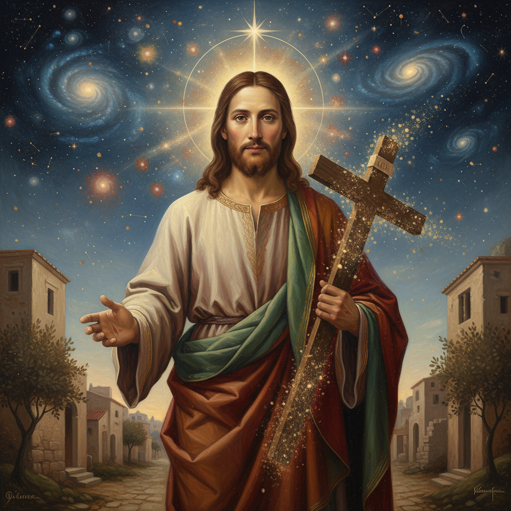 A symbolic depiction of Jesus, blending his human and divine aspects, representing him as the True Son of Man.