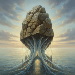 A symbolic digital painting depicting a strong, ancient rock, representing Simon Peter, with subtle fishing nets transforming around its base, set against calm waters and a serene dawn sky, symbolizing his journey from fisherman to the 'rock' of the Church.