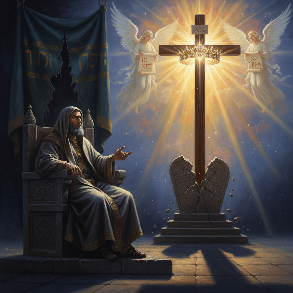 A symbolic image contrasting the earthly judgment of Caiaphas with the radiant and victorious triumph of the resurrected Jesus Christ.