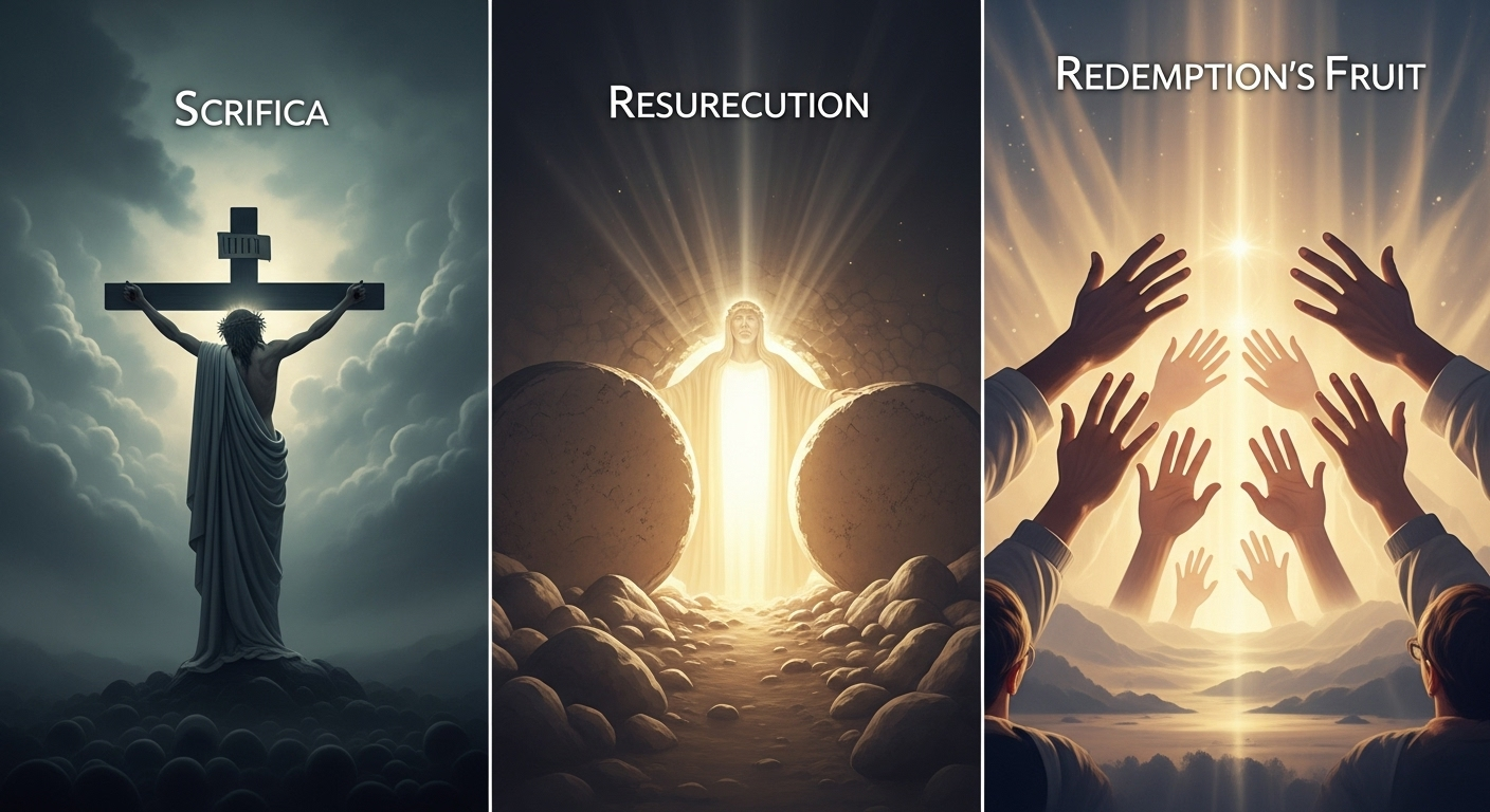 A three-part image illustrating Jesus's redemption: a solemn cross, an empty tomb radiating light symbolizing resurrection, and hands reaching for divine light, representing new life and hope.
