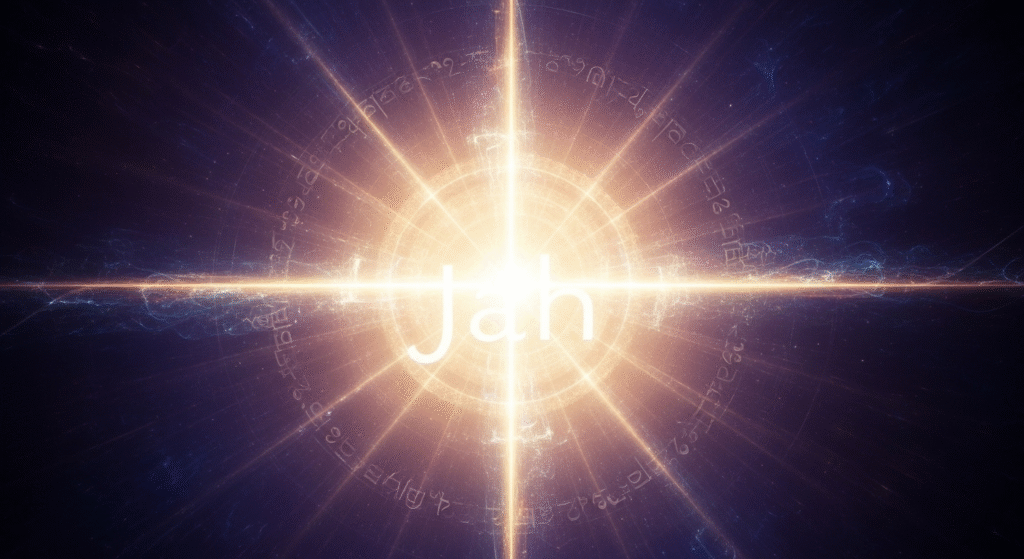 An abstract depiction of radiant golden-white divine light spreading into a deep, cosmic background, symbolizing the sacred and eternal nature of God's biblical names, like Jah, and His profound revelation.