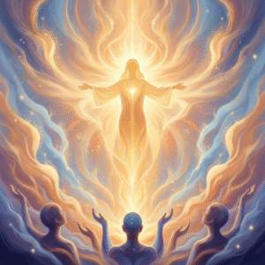 An abstract digital painting of a radiant, ethereal light source representing Jesus as the Bread of Life, providing spiritual sustenance and profound fulfillment.