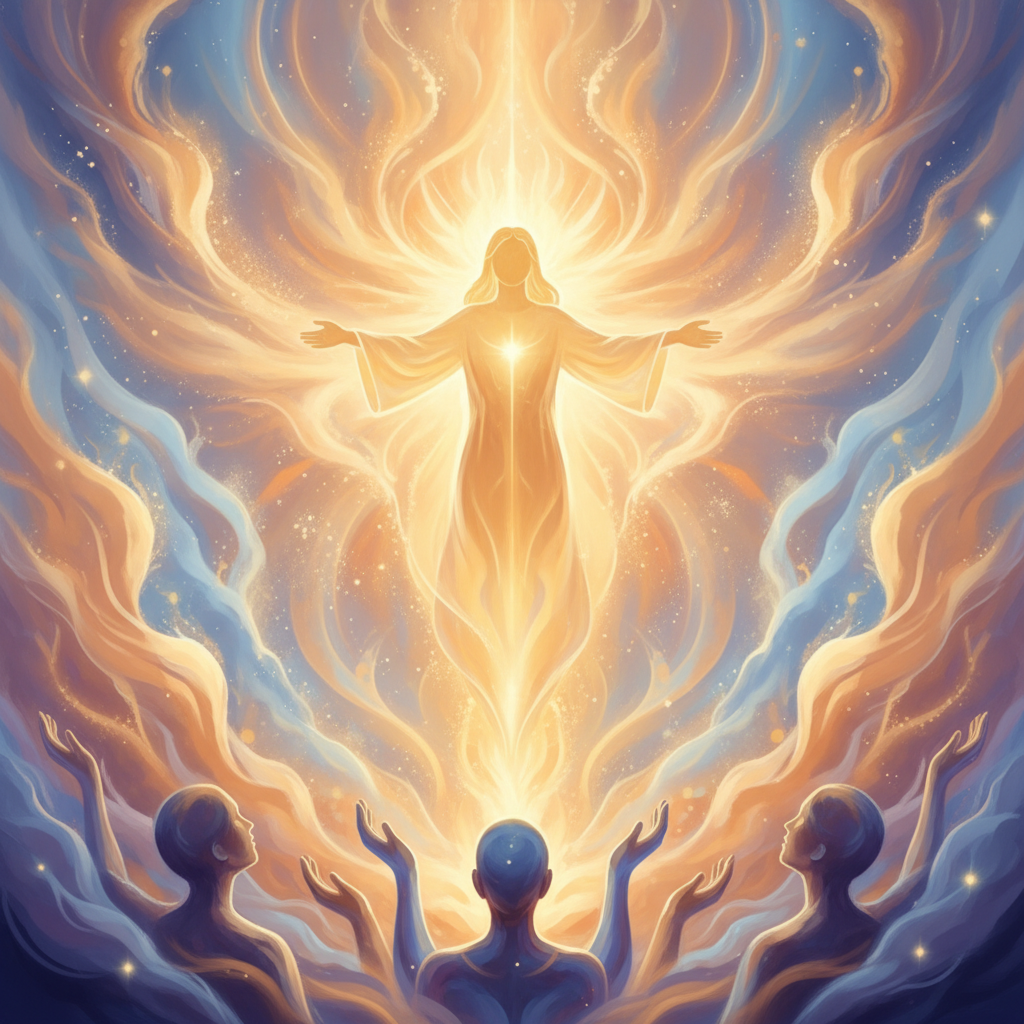 An abstract digital painting of a radiant, ethereal light source representing Jesus as the Bread of Life, providing spiritual sustenance and profound fulfillment.