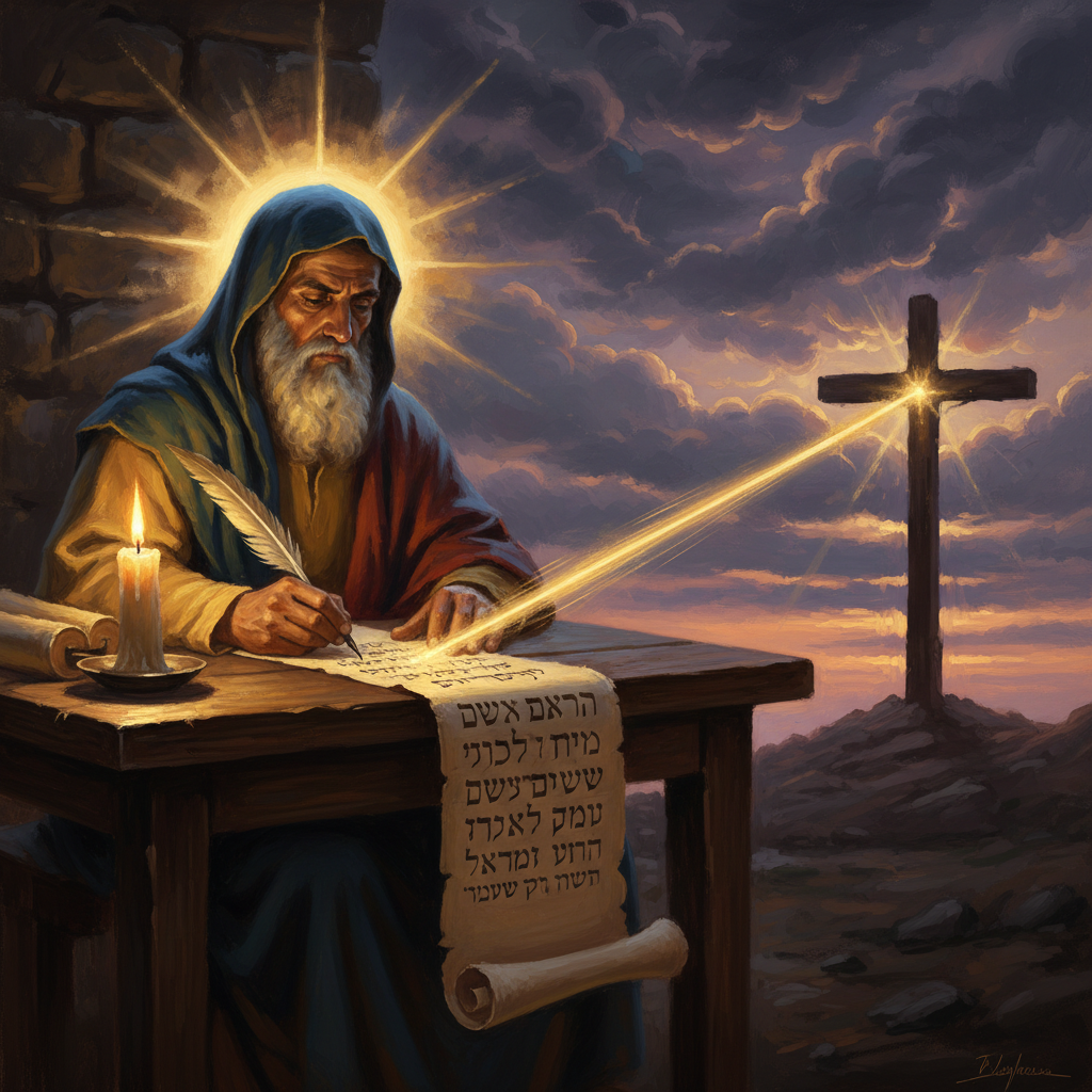 An ancient prophet writing, visually connected by light to an empty cross on Calvary, symbolizing fulfilled prophecy.