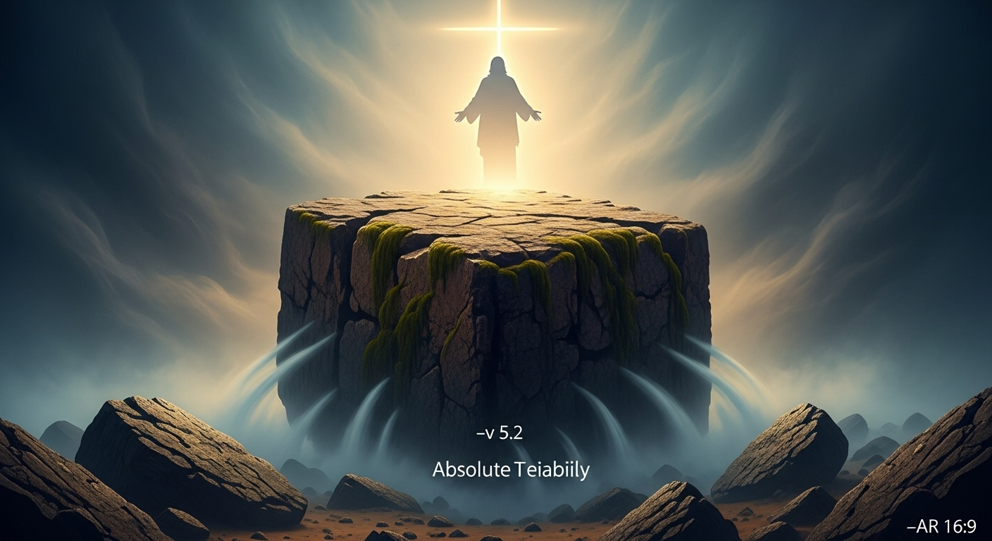 An ancient, unmoving stone foundation with a radiant cross above, symbolizing the powerful and unchanging truth of Jesus Christ.