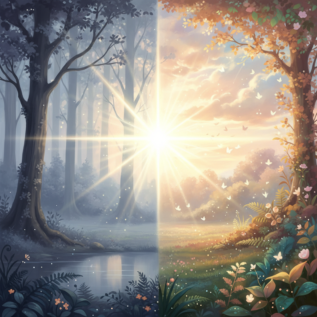 An ethereal digital painting depicting a radiant golden light transforming a tranquil, dormant landscape into a vibrant scene of abundant new life, symbolizing the promise of resurrection and eternal life.
