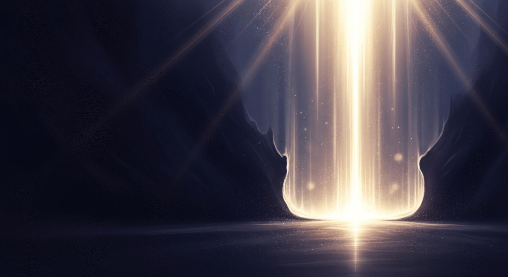 An ethereal image of a brilliant, divine golden light piercing through deep, soft shadows, symbolizing Jesus Christ as the Light of the World, illuminating the path and dispelling spiritual darkness and despair.