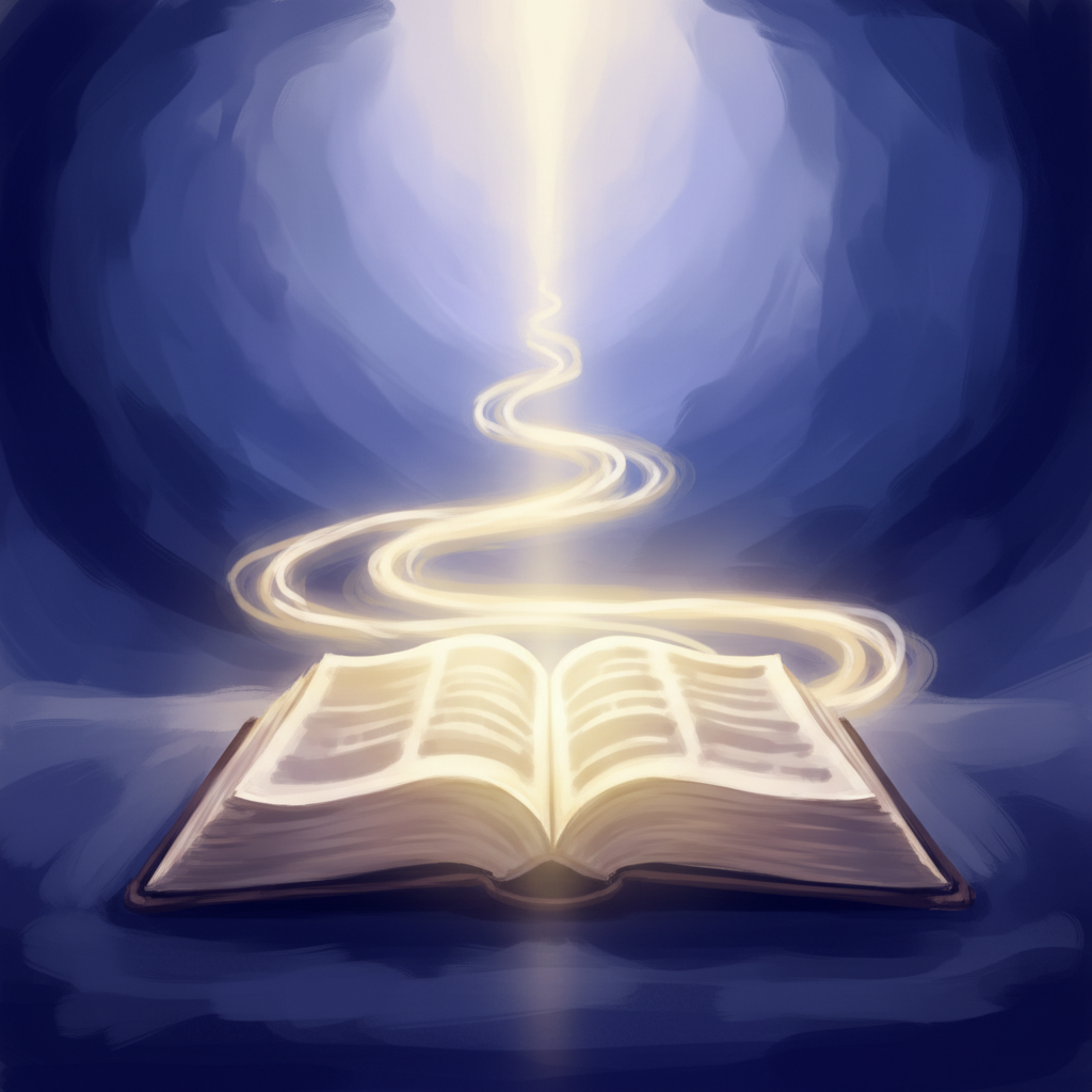 An ethereal image of an open ancient scroll emanating a luminous, guiding path towards a peaceful horizon, symbolizing the transformative biblical journey through Jesus' life and ministry.