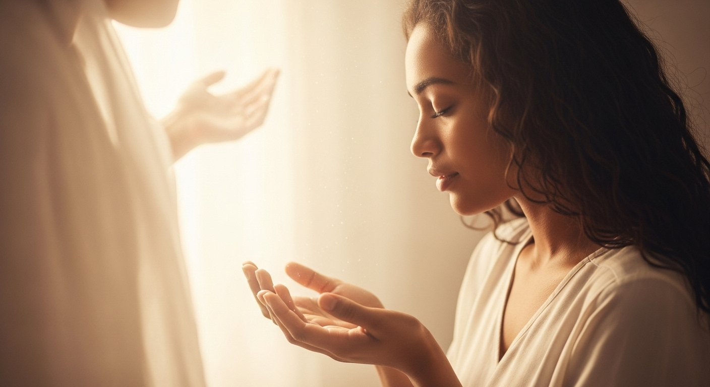 An individual in a moment of peaceful contemplation, bathed in a gentle divine light, symbolizing the personal embrace of Jesus as their Redeemer and finding spiritual solace.