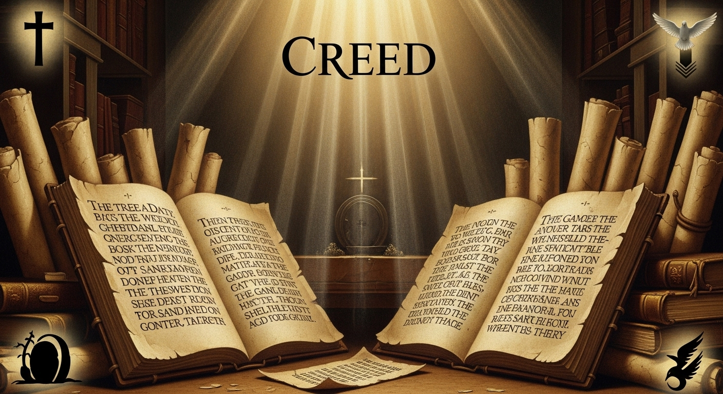 Ancient biblical scrolls illuminated by divine light, symbolizing the scriptural foundation of the Apostles' Creed.