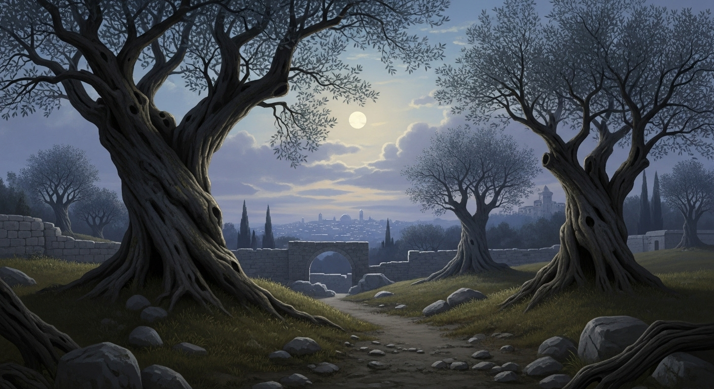 Ancient olive trees in the moonlit Garden of Gethsemane at night, with Jerusalem faintly visible in the background.