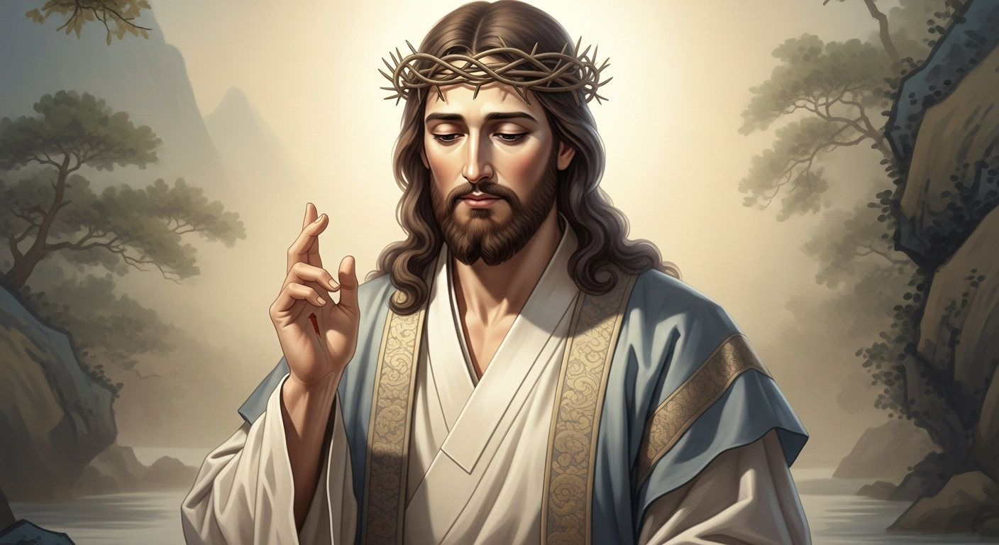 Artistic rendering of Jesus Christ in a traditional Korean painting style, featuring gentle light and a serene landscape.