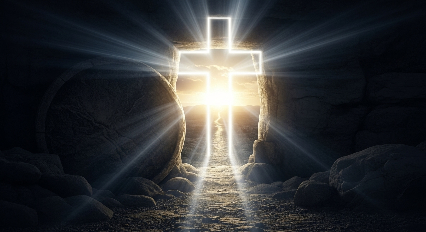Brilliant light streams from the empty tomb, symbolizing the resurrection and hope, forming a cross shape.