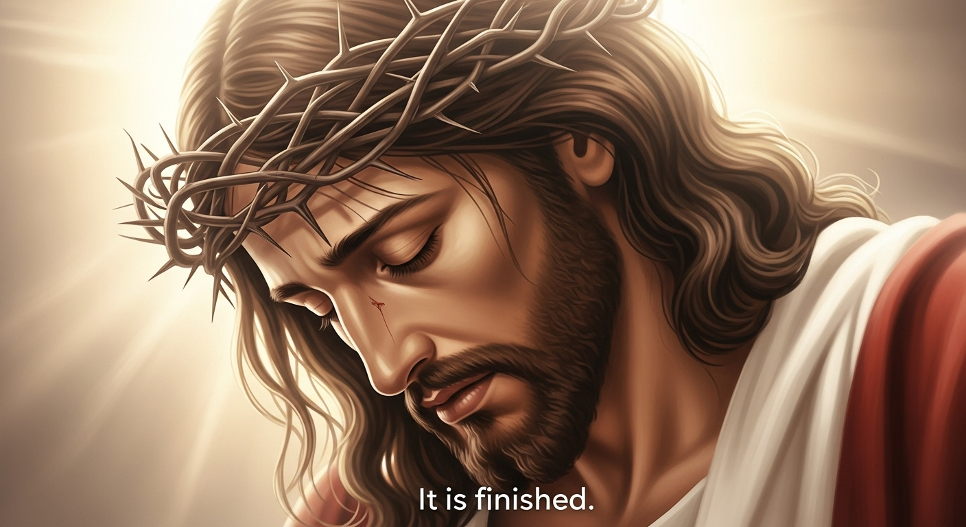Close-up of Jesus' peaceful face on the cross, eyes closed, conveying completion and triumph after declaring 'It is finished'.