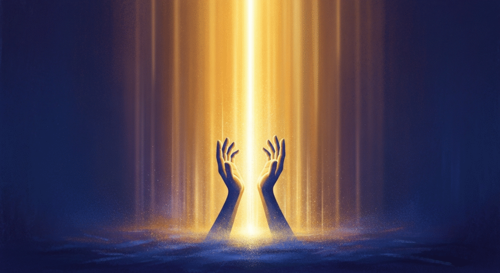 Conceptual art depicting warm divine light empowering an upward-reaching spiritual form, symbolizing that all things are possible to him who believes.