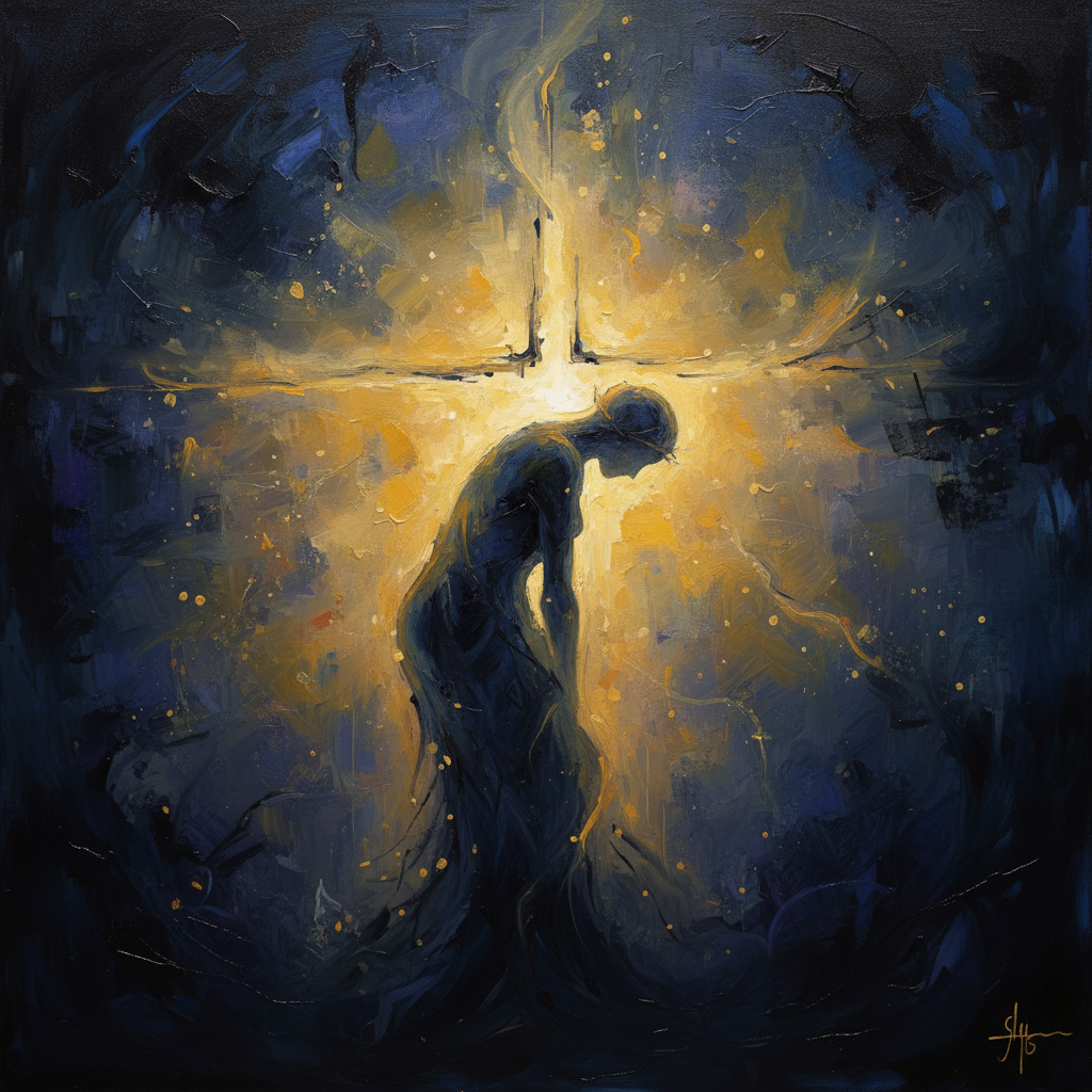Conceptual art showing a subtle cross or burdened figure silhouette against a dark background, illuminated by warm, divine golden light, symbolizing Christ's sacrifice and redemptive love.