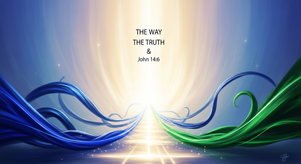 Conceptual digital painting depicting 'The Way, The Truth, and The Life' as a luminous path ascending towards a brilliant light, interwoven with vibrant abstract forms, symbolizing divine guidance, knowledge, and eternal vitality.
