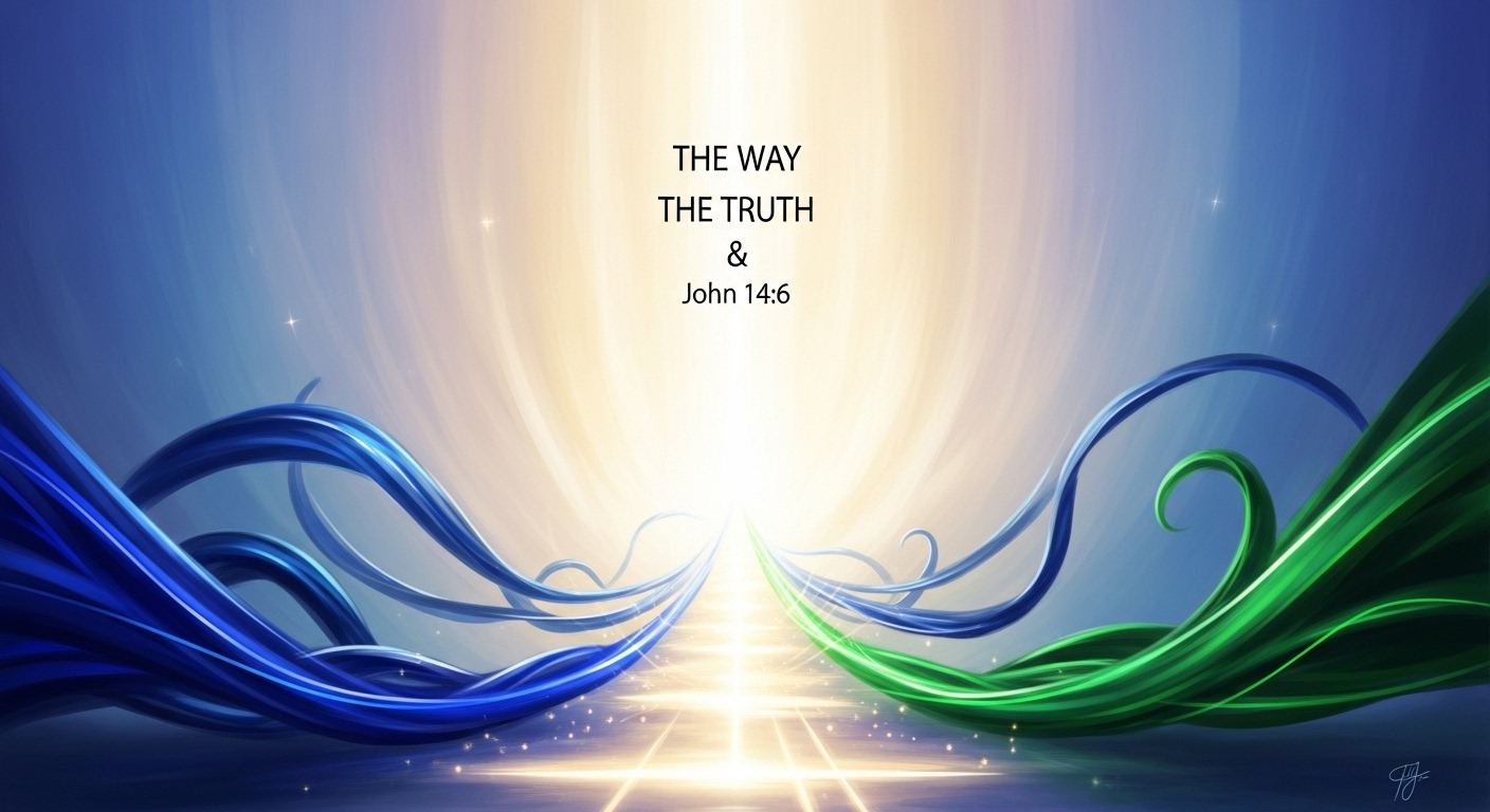 Conceptual digital painting depicting 'The Way, The Truth, and The Life' as a luminous path ascending towards a brilliant light, interwoven with vibrant abstract forms, symbolizing divine guidance, knowledge, and eternal vitality.