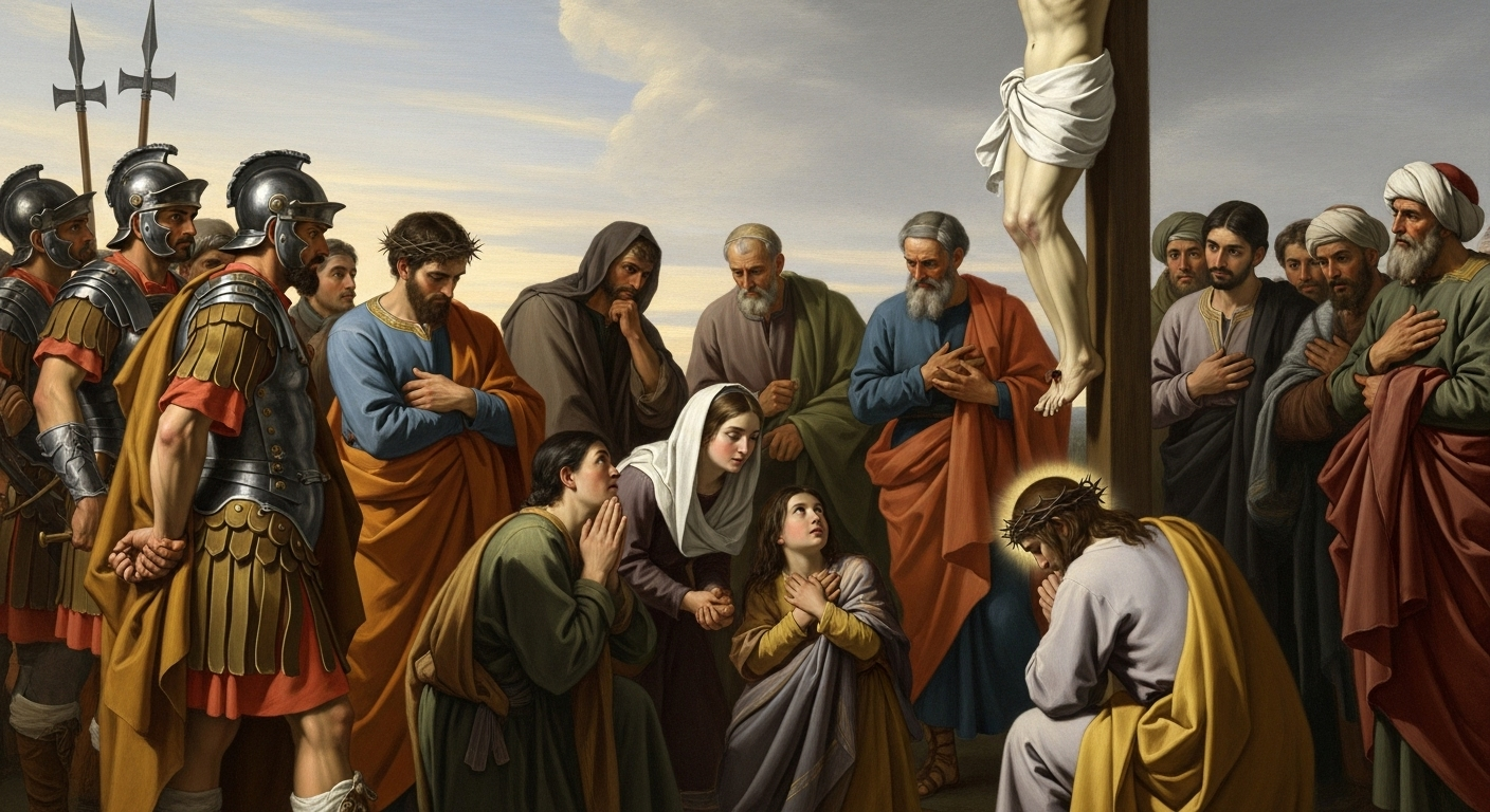 Diverse crowd of people, including Roman soldiers and onlookers, implicitly covered by Jesus' prayer of forgiveness at the cross.