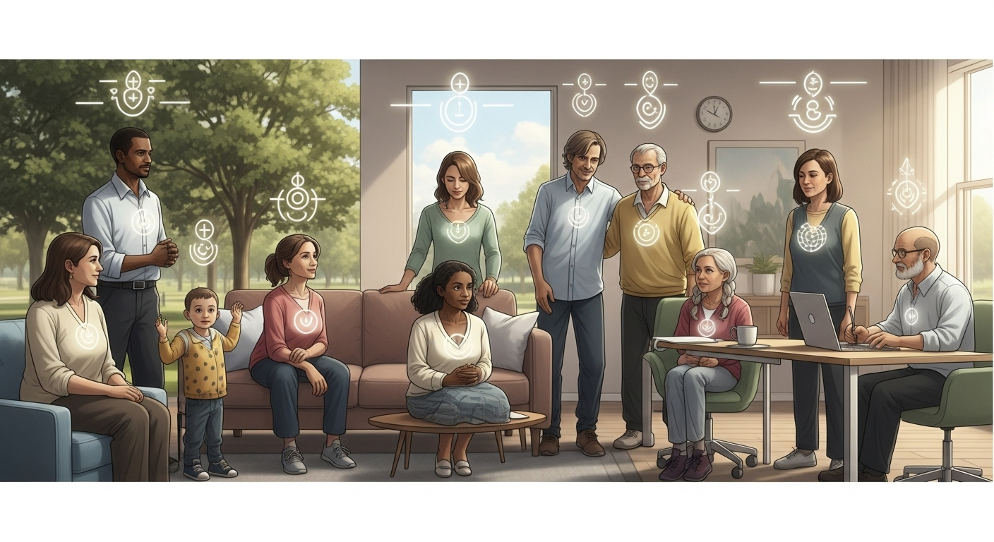 Diverse people in daily life scenes, exhibiting peace and hope, with a subtle guiding light representing the impact of an unchanging Christ.