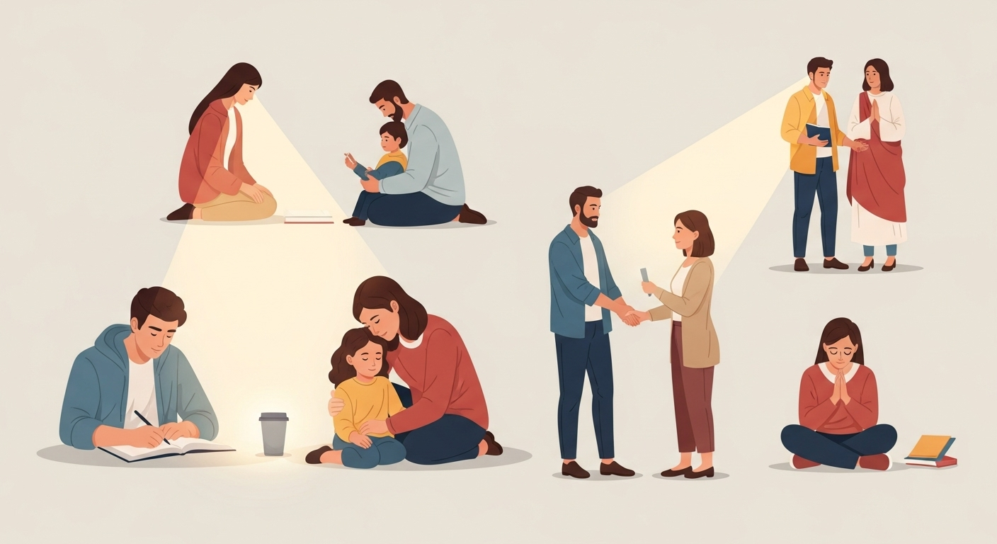 Diverse people navigating daily life with a subtle, warm light guiding them, symbolizing faith in Jesus.