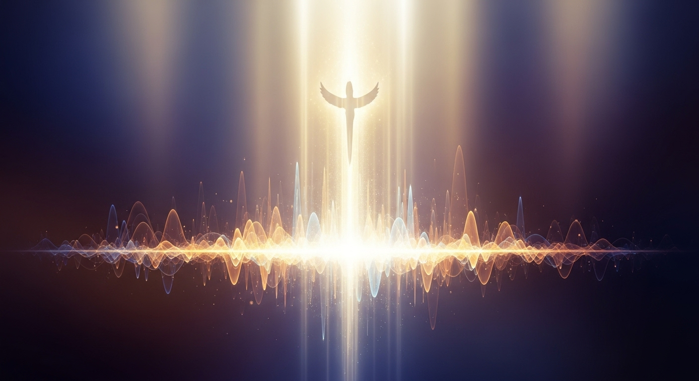 Ethereal golden and blue light emerges from subtle musical patterns, with a faint spiritual silhouette within, symbolizing divine inspiration, faith, and transformative testimony.