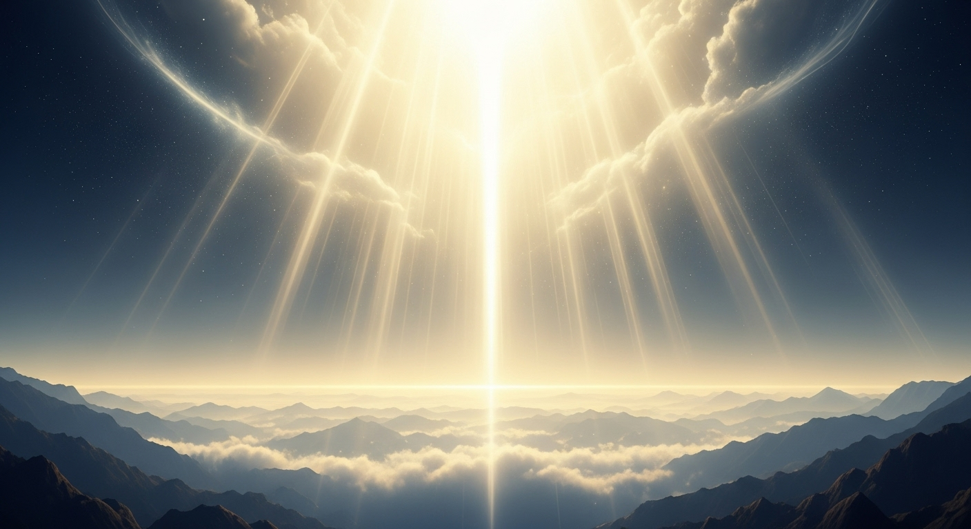 Golden light shines down on a serene landscape, symbolizing the majestic and powerful presence of God.