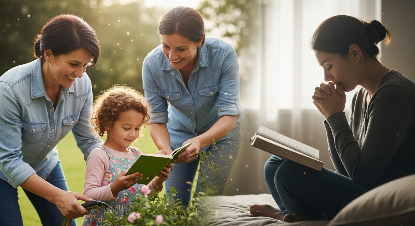 Images depicting a person serving others and another in prayer, symbolizing faithful living while awaiting Christ's return.