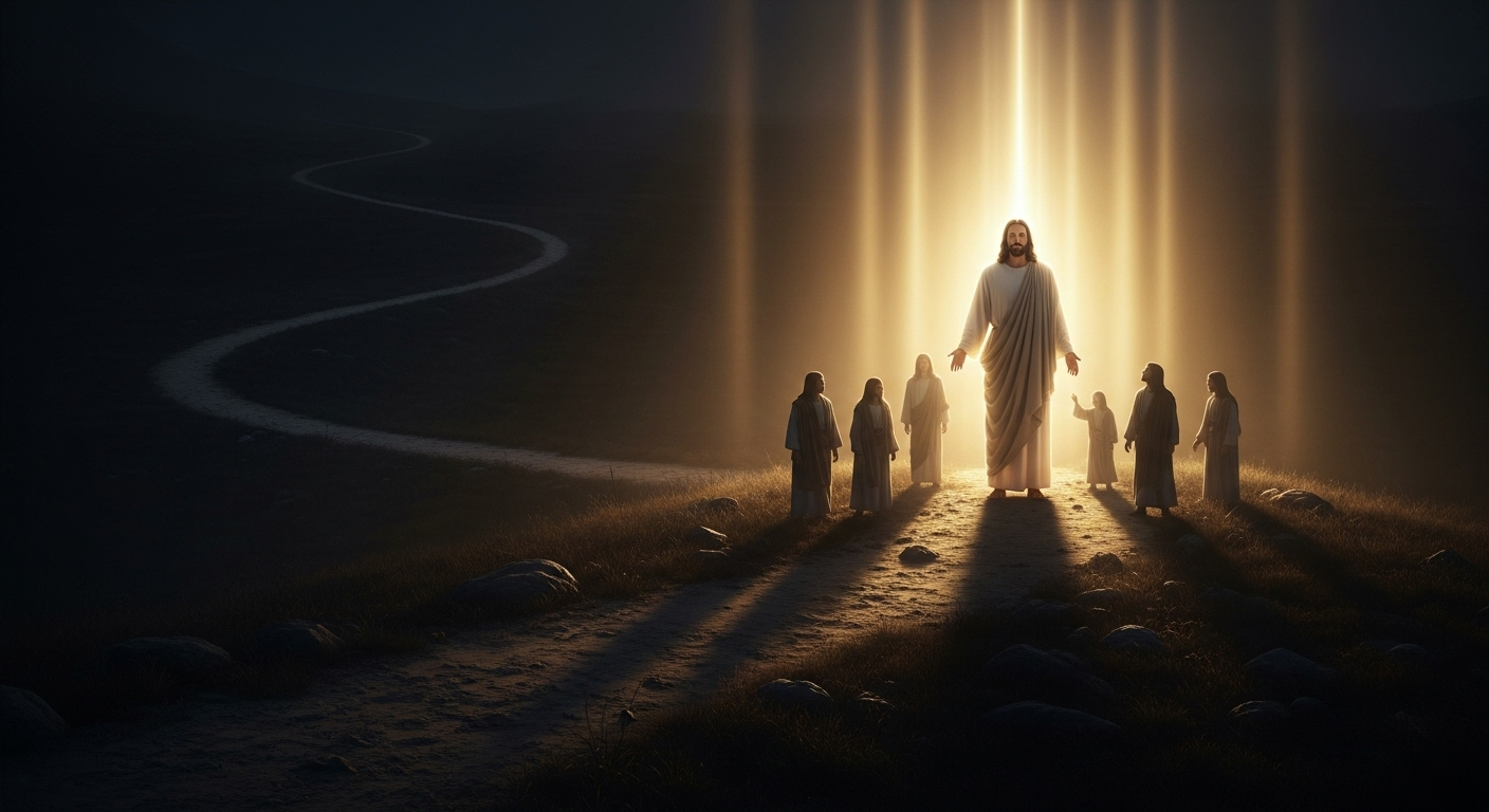 Jesus, a source of bright, warm light, illuminates a dark path, guiding figures who walk towards him.