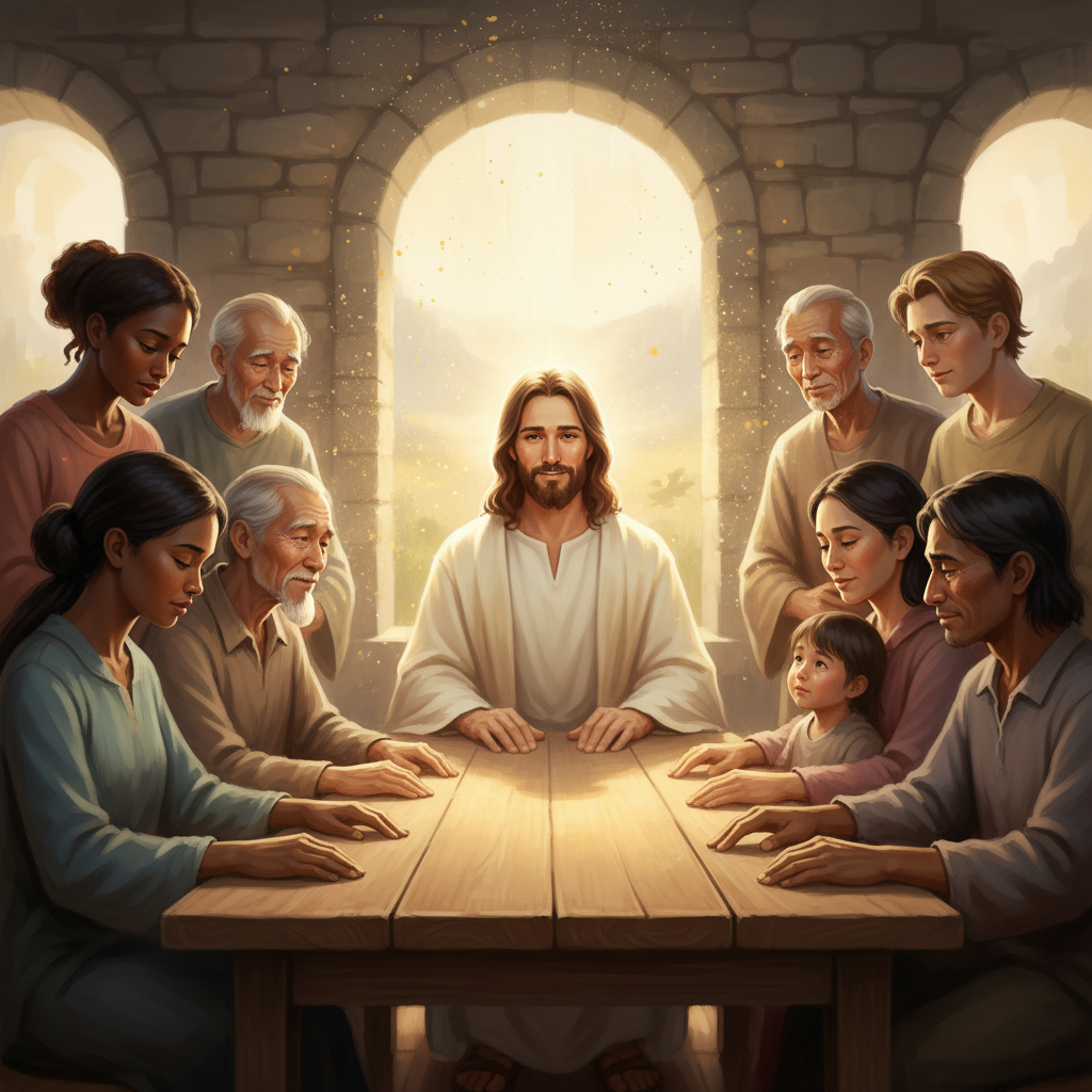 Jesus at a table with diverse people, all receiving spiritual fulfillment and experiencing peace, surrounded by His radiant love.