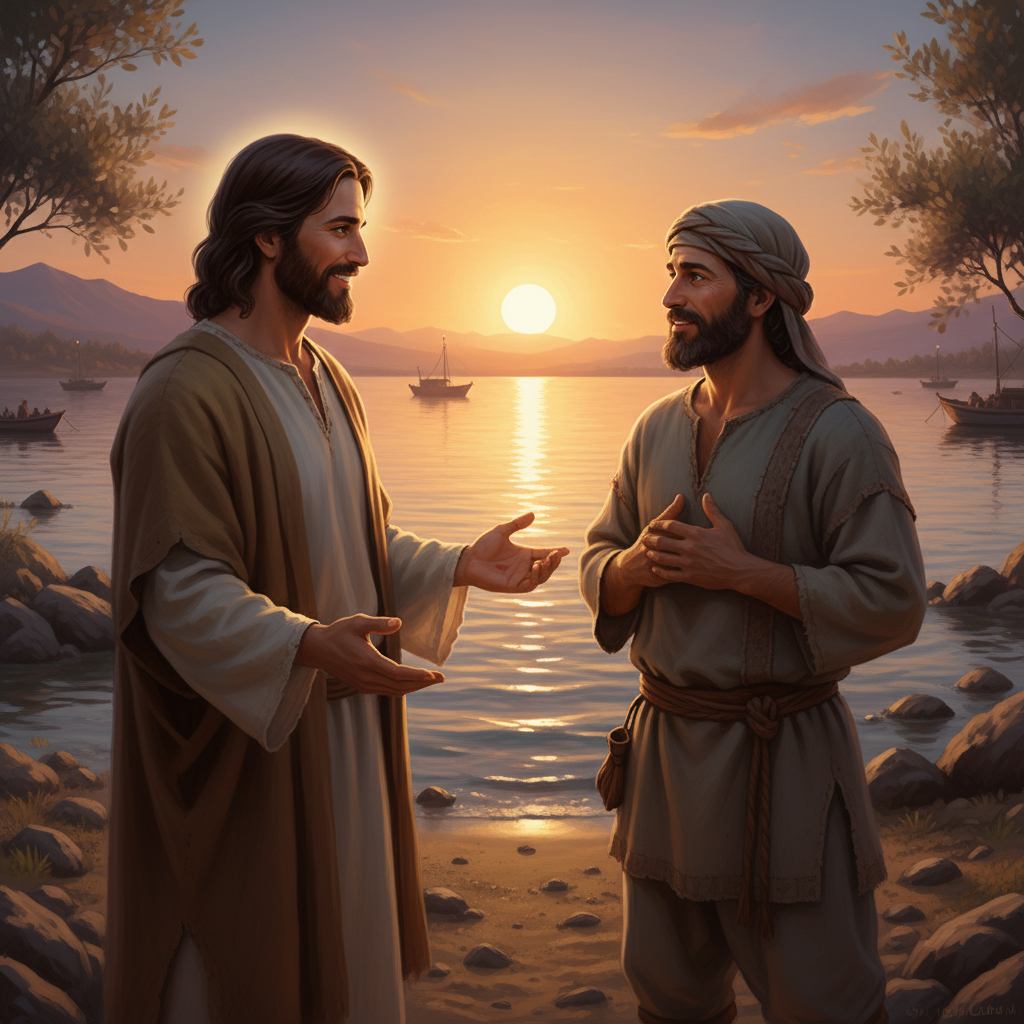 Jesus bestowing the name Peter upon Simon by the peaceful Sea of Galilee at sunset.