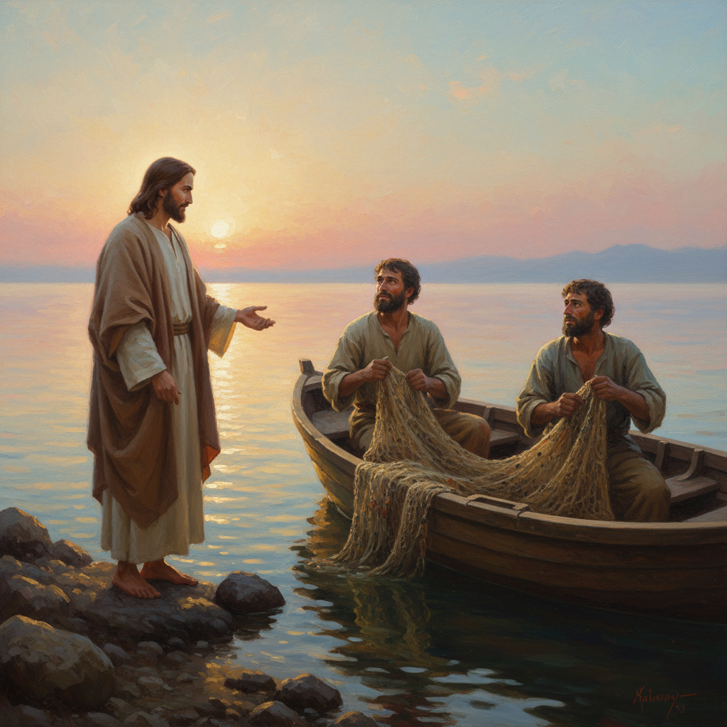 Jesus calls Simon Peter and Andrew, who are in their fishing boat by the Sea of Galilee, to follow Him.