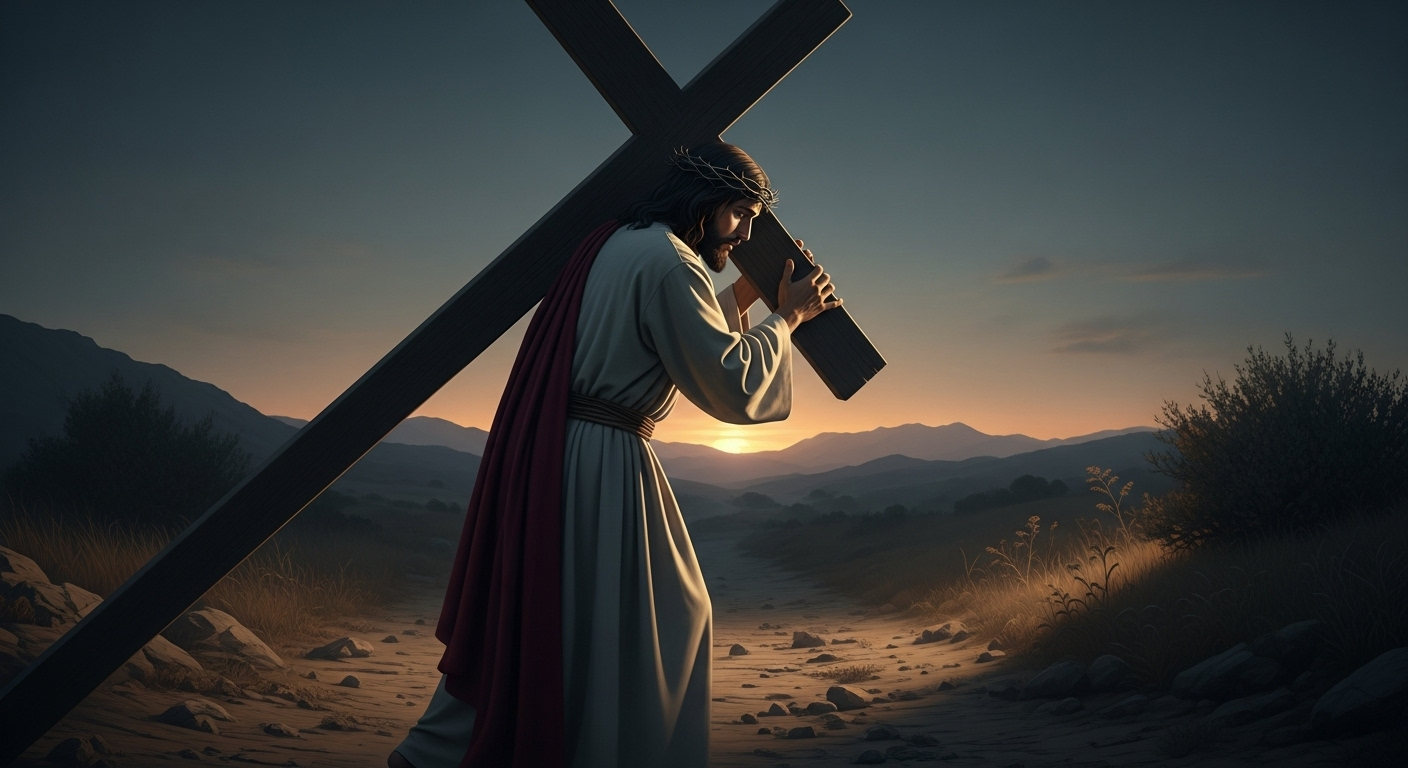 Jesus Christ carries the cross on a dusty path at sunset, conveying solemn sacrifice.