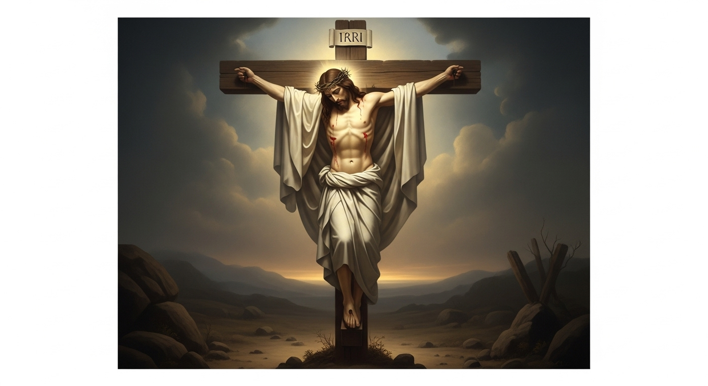 Jesus Christ on the cross, emanating a serene light, symbolizing his ultimate sacrifice and victory.