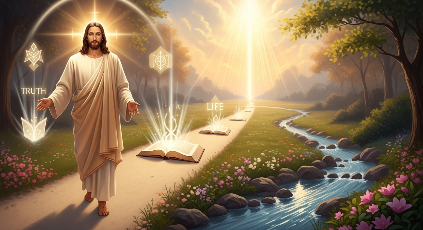 Jesus Christ radiating light, standing on a clear, illuminated path, surrounded by symbols of truth and vibrant life.