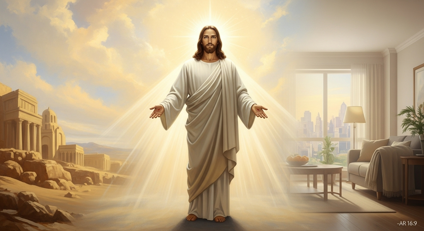 Jesus Christ stands unchanging through time, with hints of ancient and modern eras in the background, symbolizing His eternal constancy.
