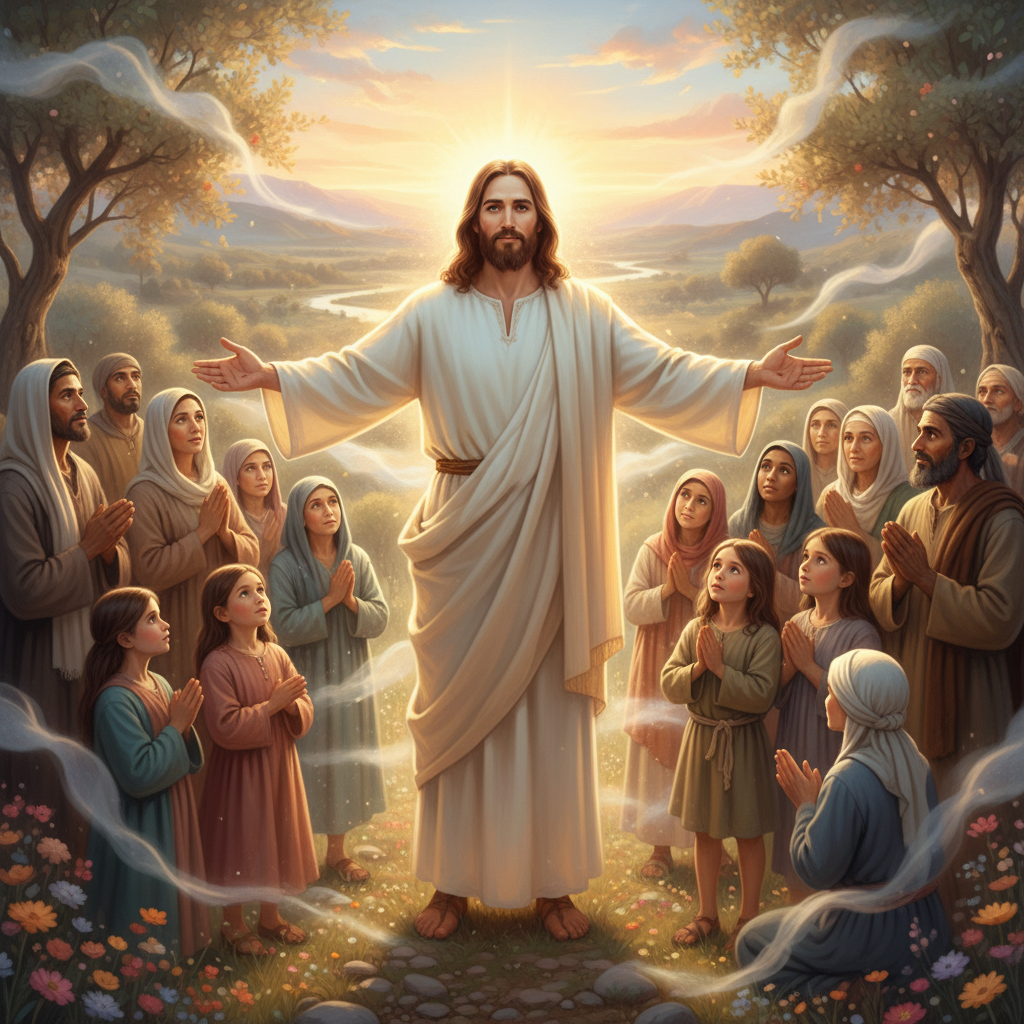Jesus Christ with open arms, radiating a soft golden light of love and compassion, surrounded by a gentle, diverse group of people.