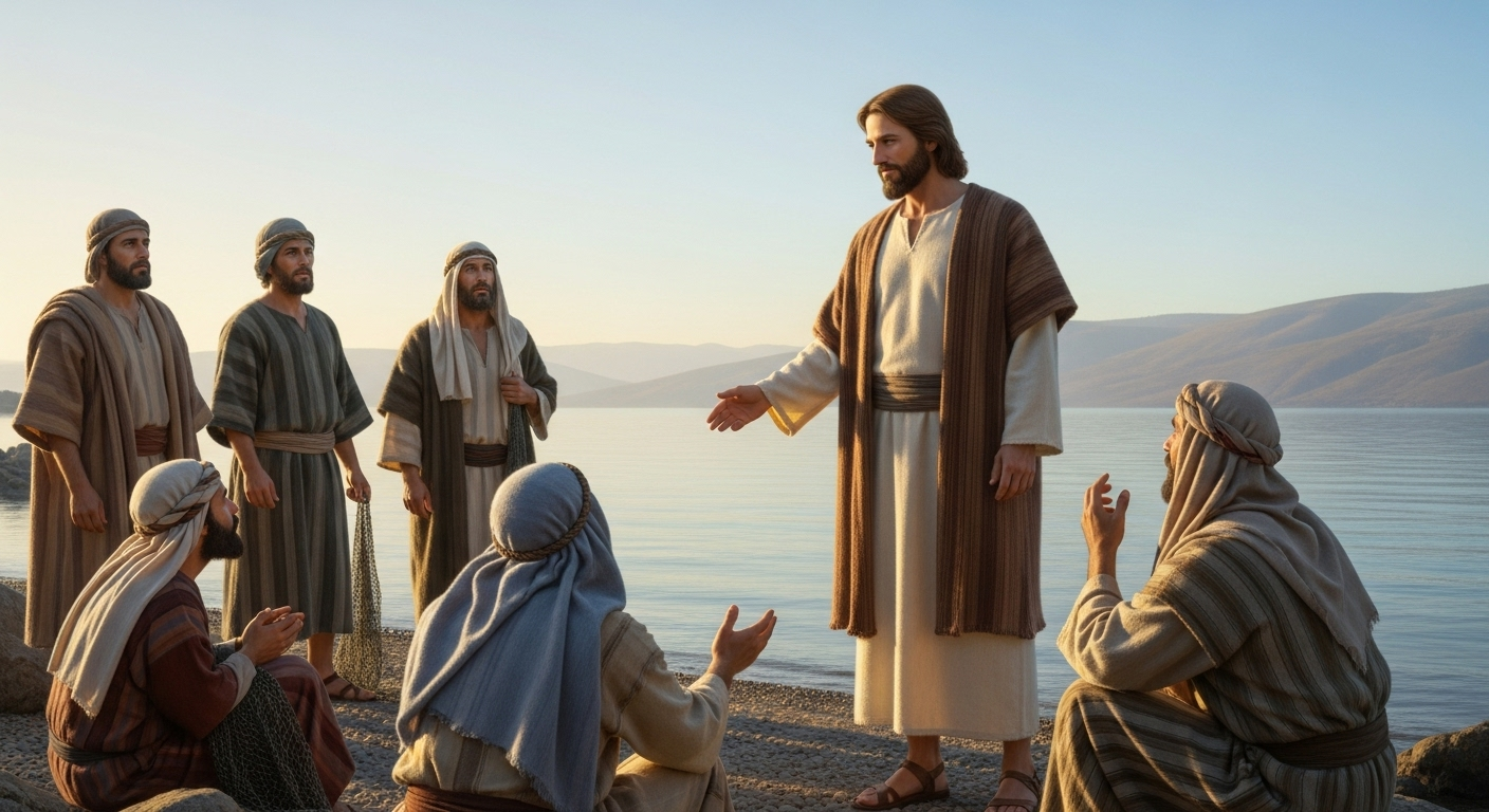Jesus Christ, with outstretched hand, calling the first disciples, who are fishermen by the Sea of Galilee, bathed in warm, soft light.