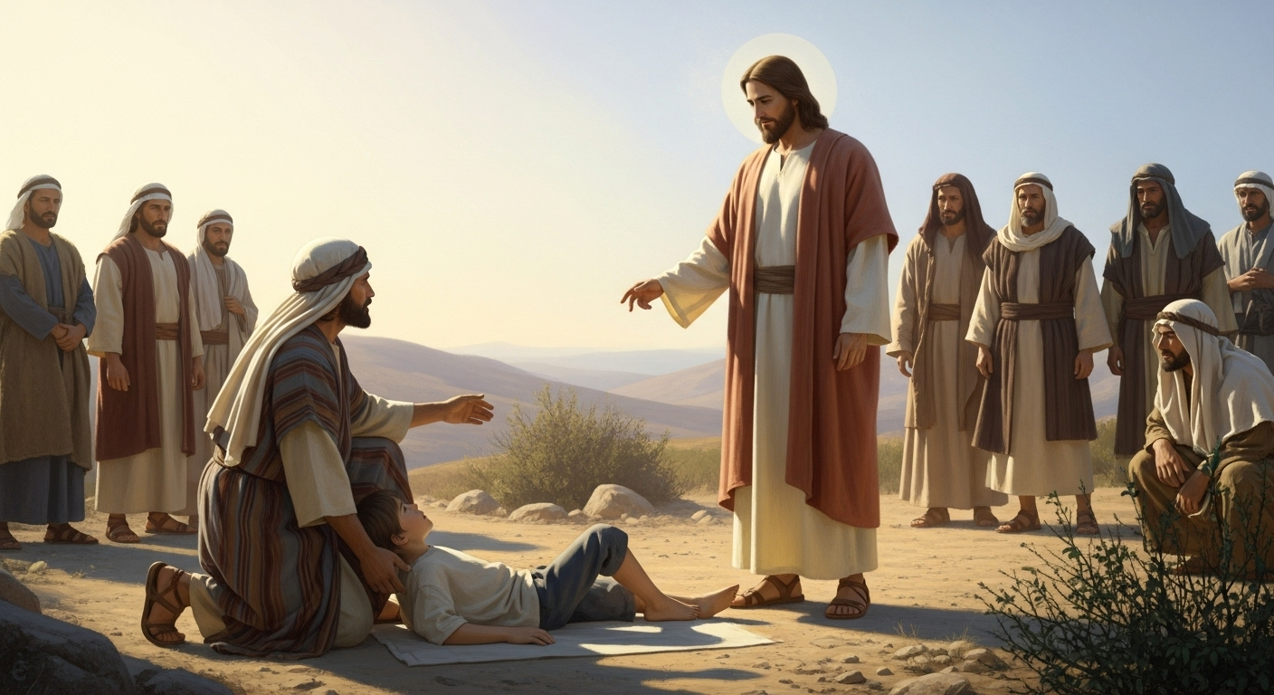 Jesus interacts with a distressed father and his ailing son in a historical Galilean setting.