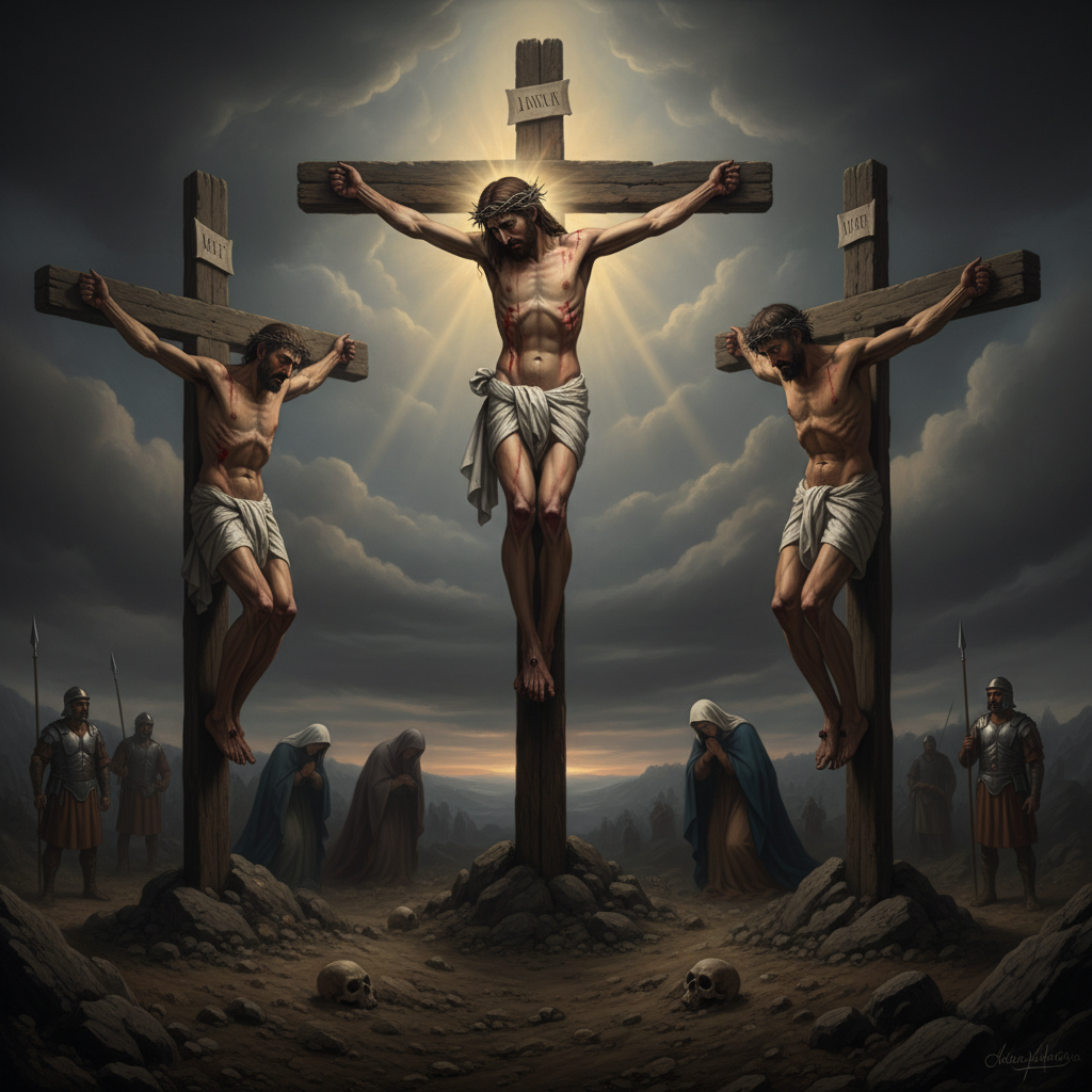 Jesus on the cross, looking compassionately at the repentant thief on an adjacent cross, while the other thief is also present.