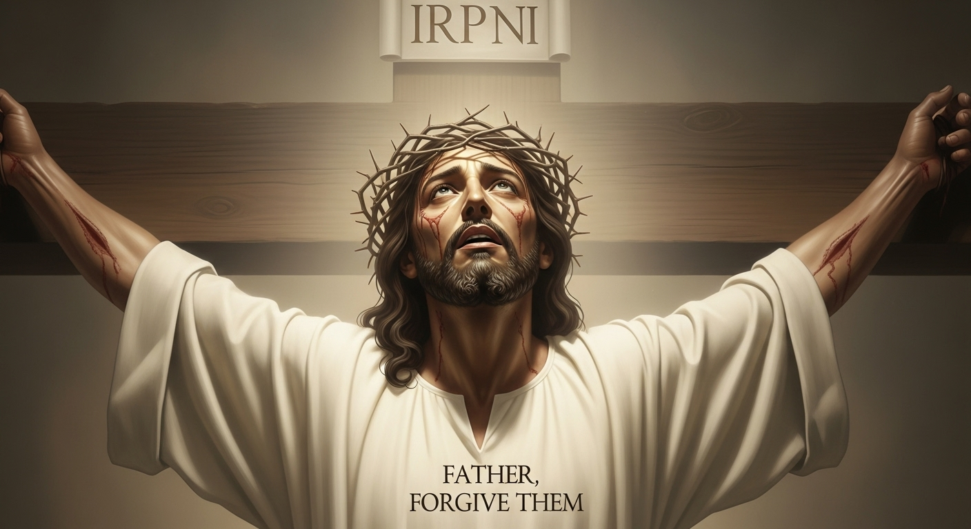 Jesus on the cross, praying for forgiveness with a compassionate expression.