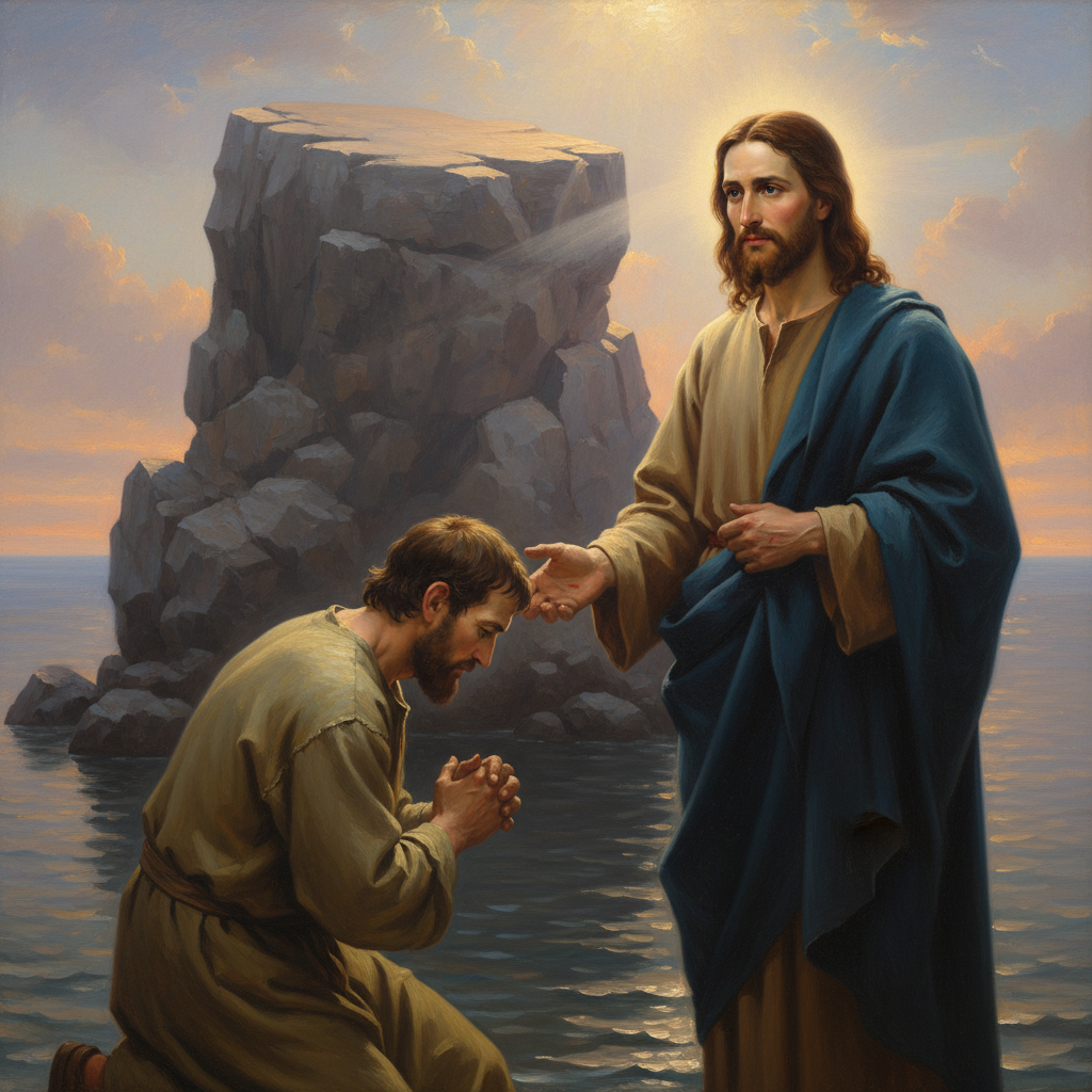 Jesus renames Simon as Peter, standing beside a subtle rock formation, symbolizing his new role as the rock of the church.
