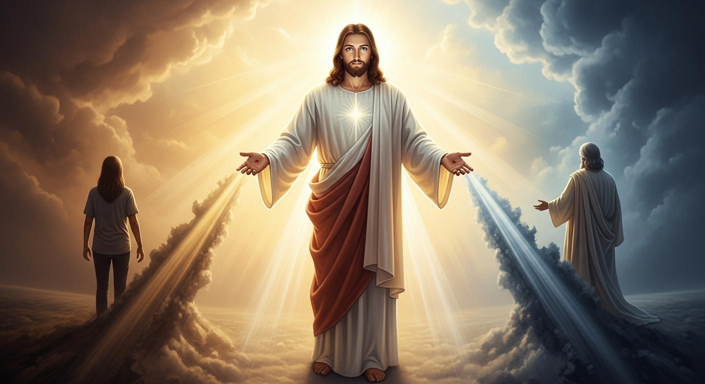 Jesus stands as a luminous, compassionate bridge, connecting a subtle earthly realm to a glorious divine presence.