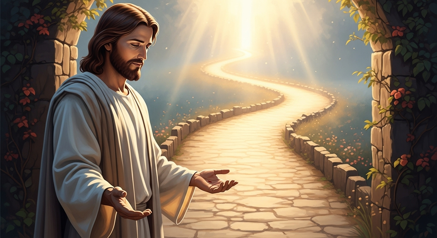 Jesus stands at the entrance of a beautifully lit, ancient path, gently inviting viewers to follow 'The Way'.