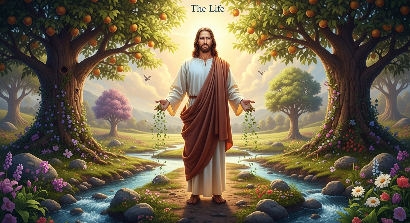 Jesus stands in a lush, vibrant landscape, bringing life and renewal to the flourishing plants and flowing water.