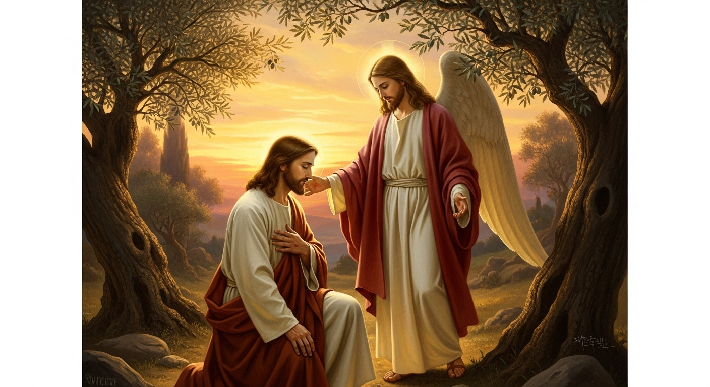 Jesus stands peacefully in the Garden of Gethsemane, an angel comforting him, signifying acceptance of God's will.