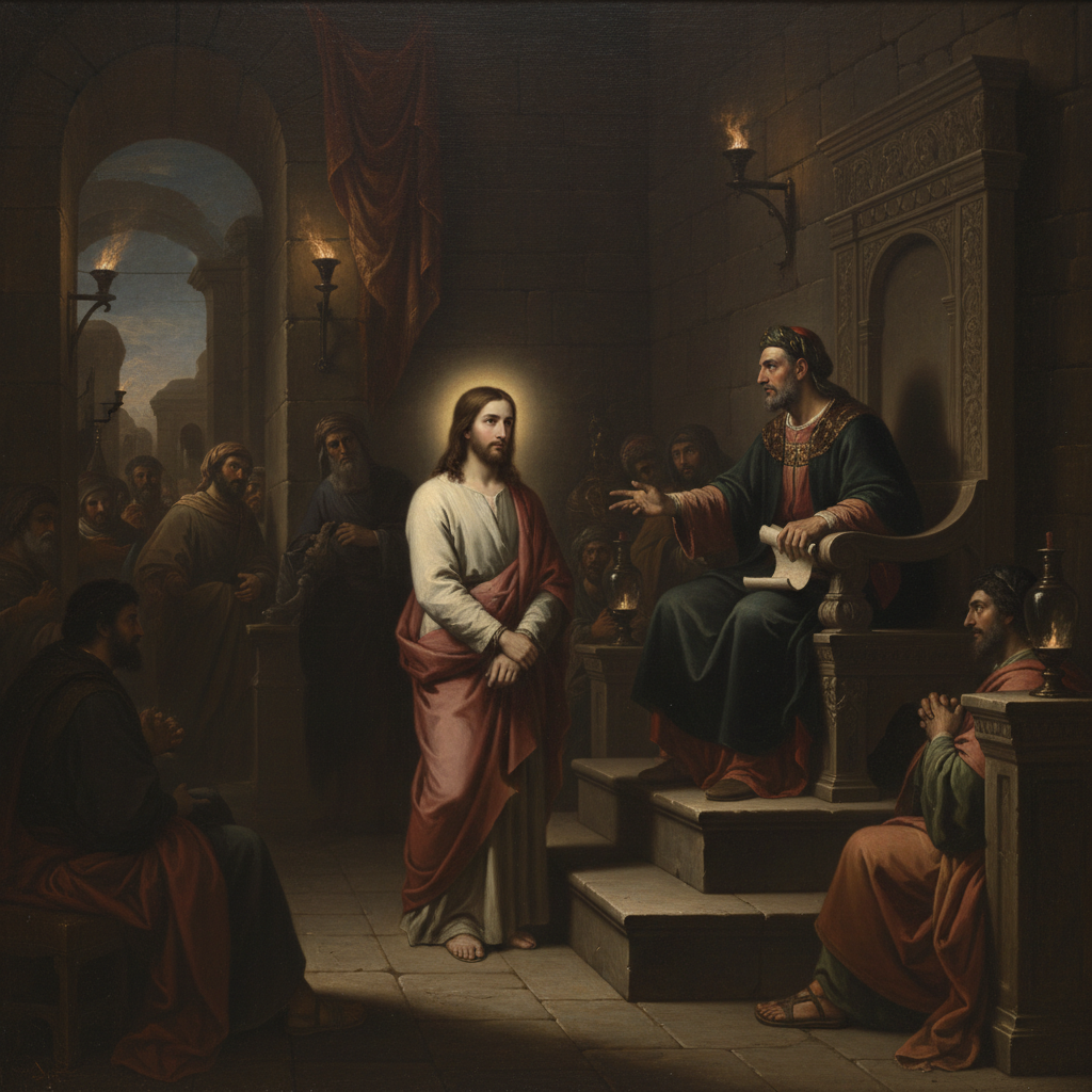 Jesus stands with quiet dignity before the High Priest Caiaphas, who presides over a somber ancient court.