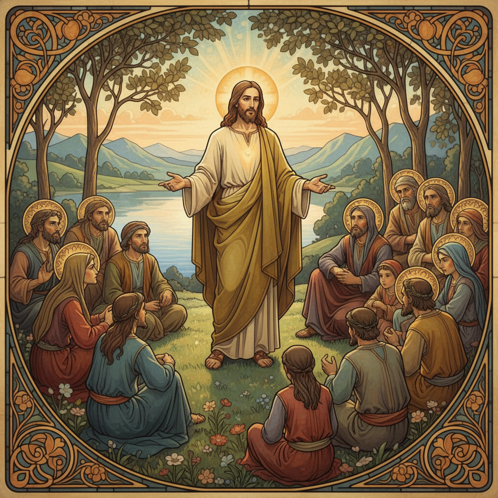 Jesus teaching a group of people outdoors, with a compassionate expression and subtle divine light.