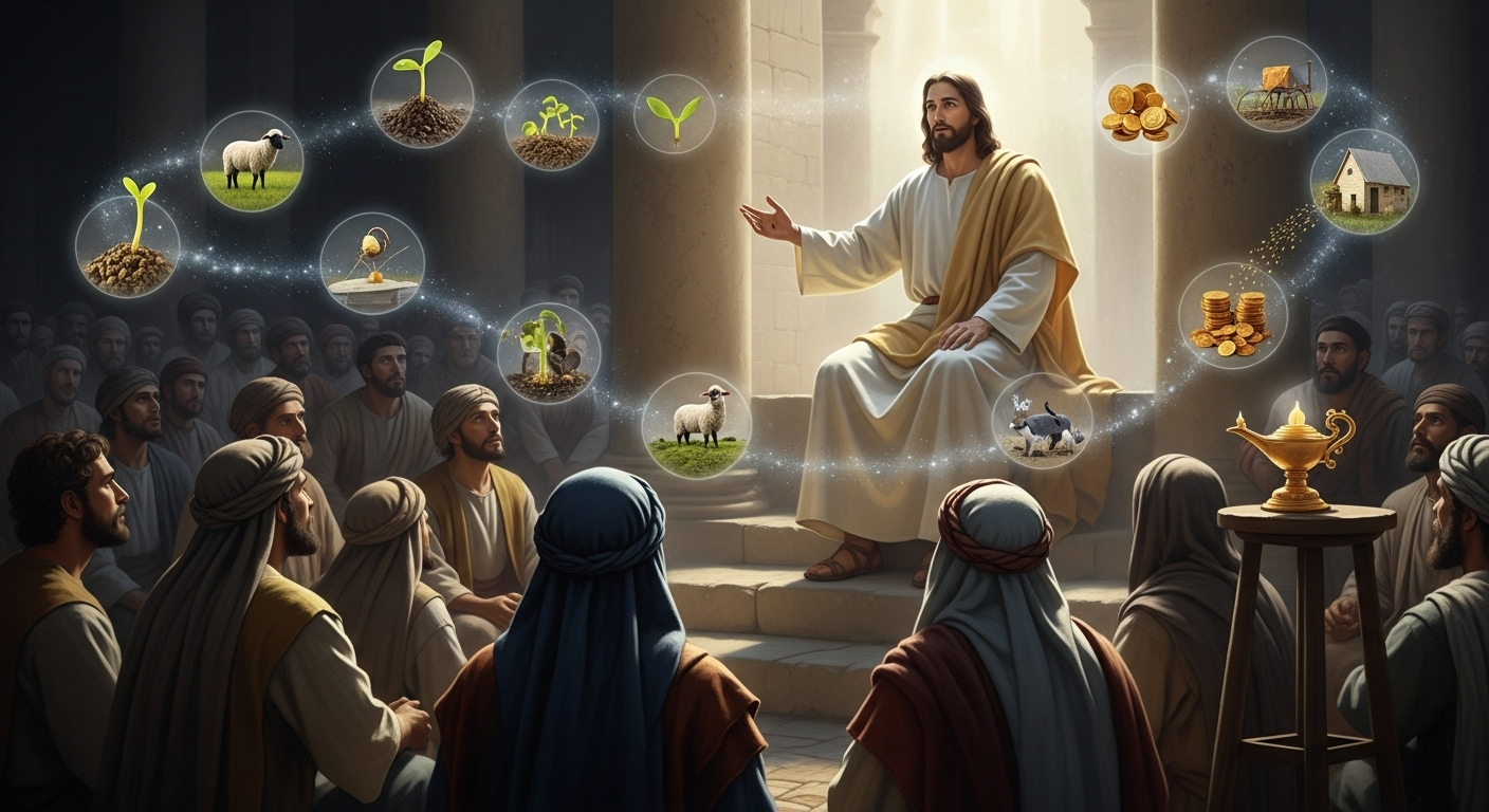 Jesus teaching a large crowd, with symbolic images of various parables subtly woven into the scene.