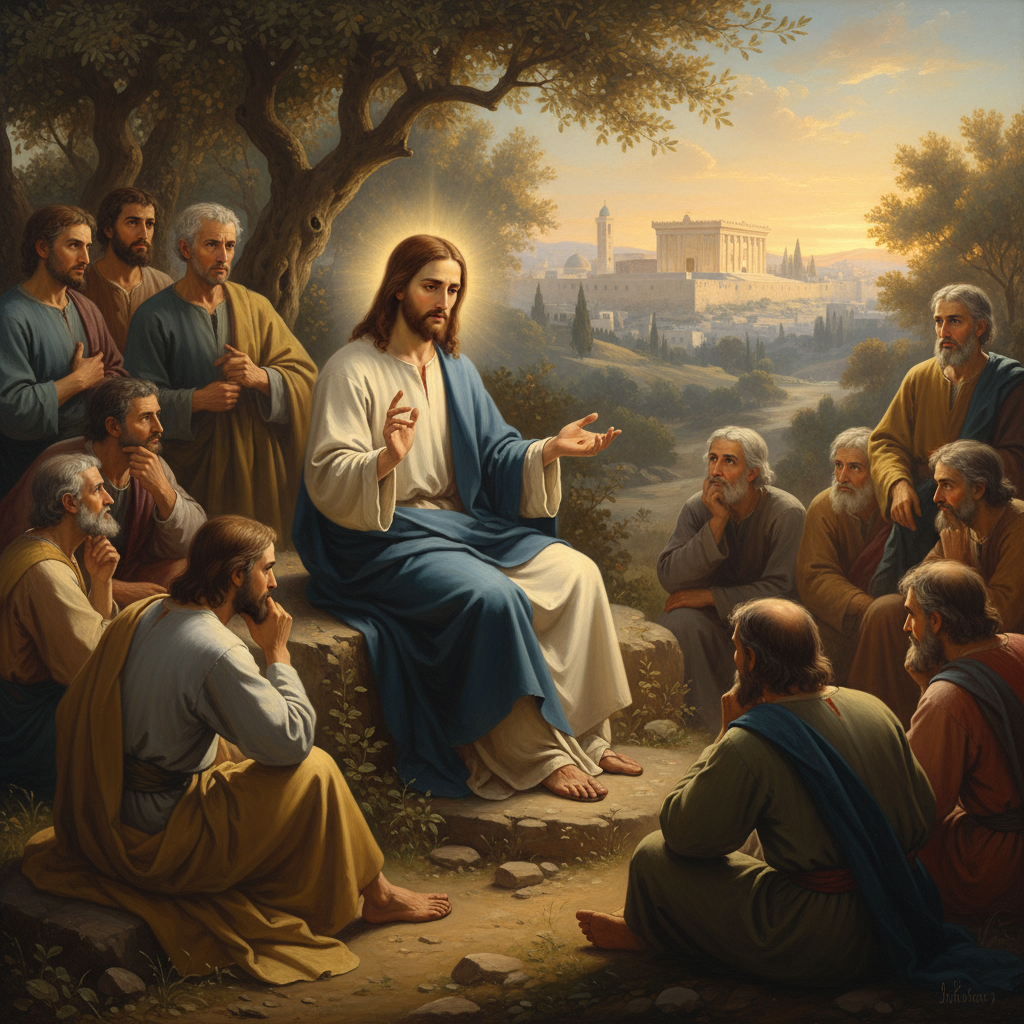 Jesus teaching his disciples on the Mount of Olives with Jerusalem in the background, conveying profound revelation.